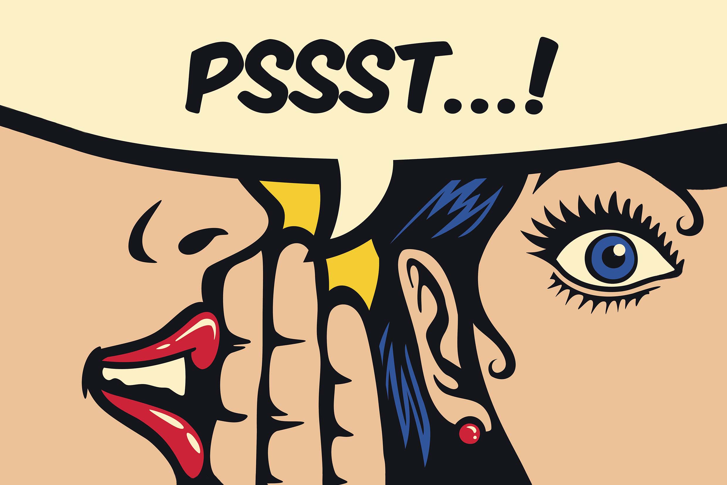 Pop art style comics panel gossip girl whispering secret in ear word of mouth vector illustration