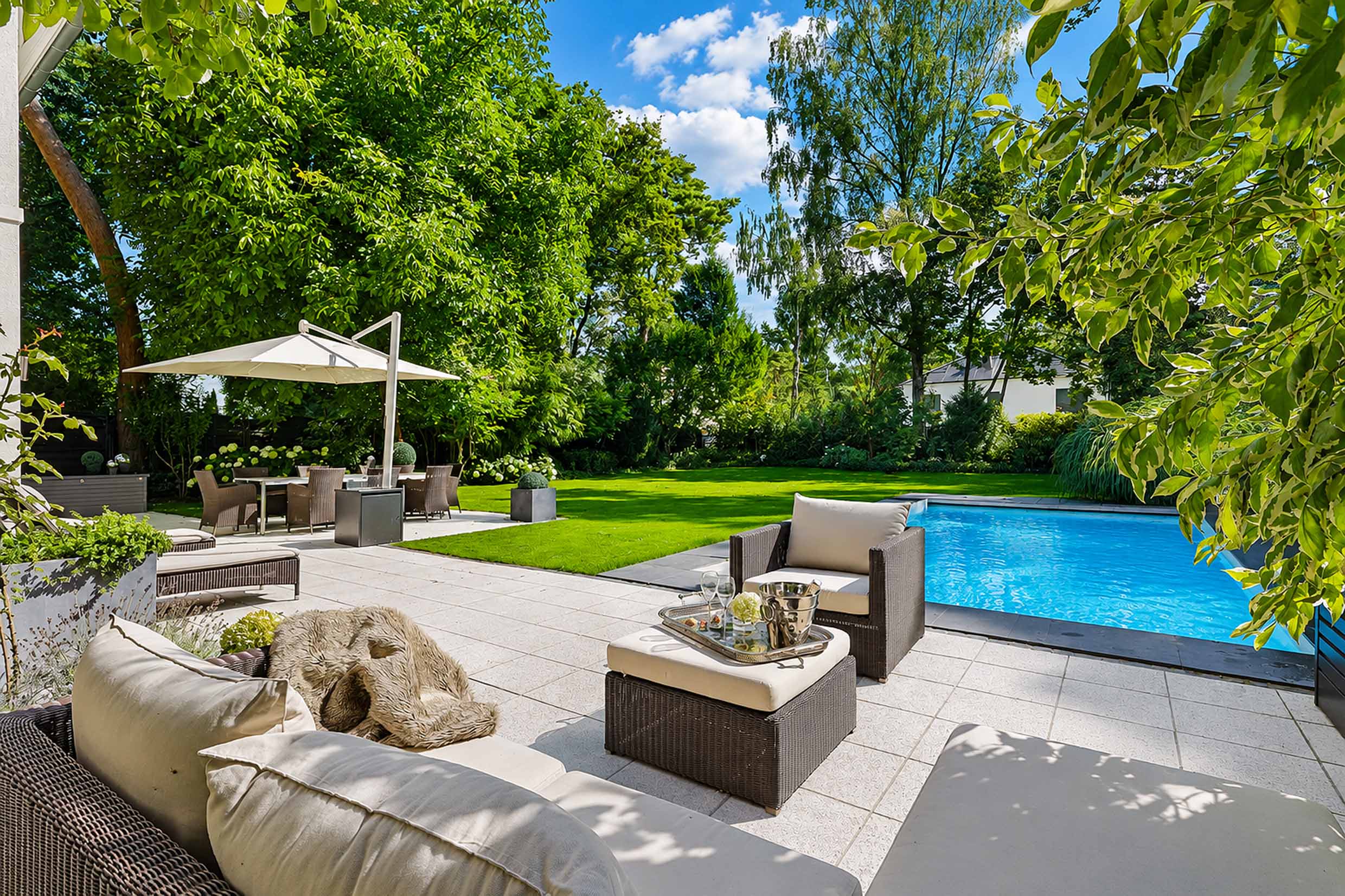 Family Villa With Pool in sought-after Musician quarter in Kleinmachnow. Fully equipped with A7C, fireplace, sauna and more